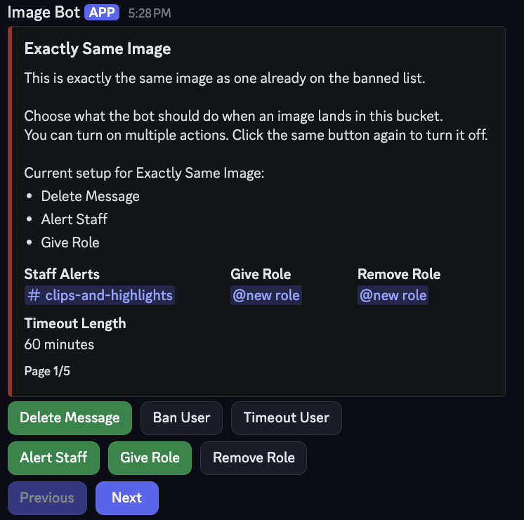 Discord screenshot showing Image Block flexible settings for each match level