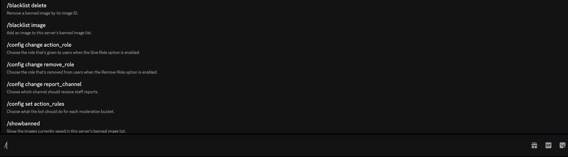 Discord screenshot showing Image Block slash command list